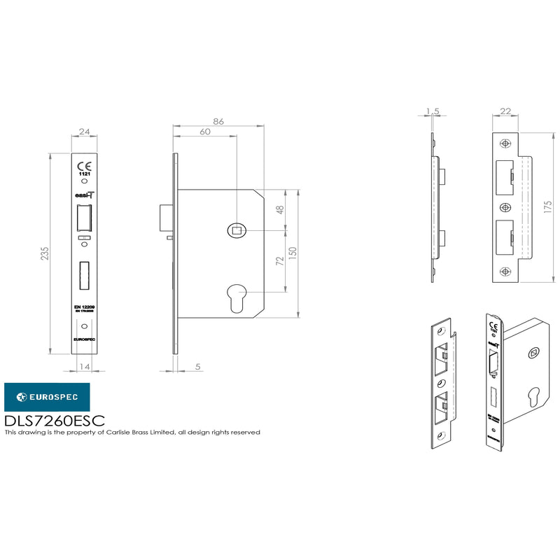 Eurospec - Easi-T Din Euro Profile Escape Lock, 60mm Backset  - Satin Stainless Steel DLS7260ESCSSS - Choice Handles