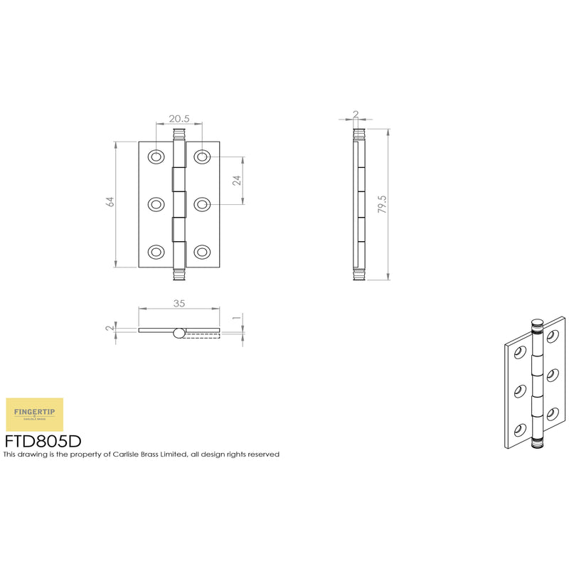Carlisle Brass - Finial Cabinet Hinge 64mm - Satin Chrome - FTD805DSC - Choice Handles