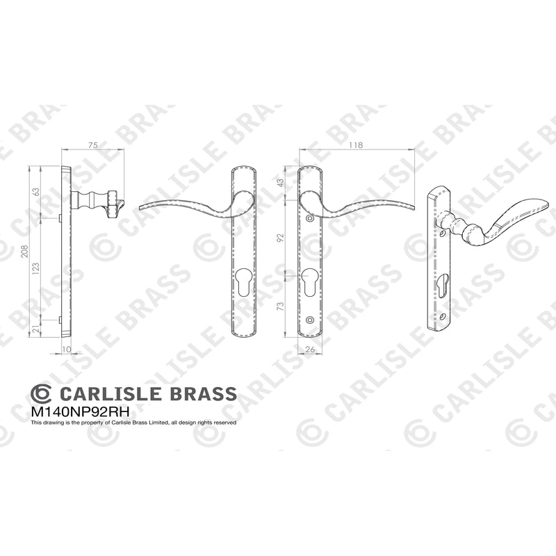 Carlisle Brass - Scroll Lever on Narrow Plate R/H 92mm c/c - Satin Chrome M140NP92RHSC - Choice Handles