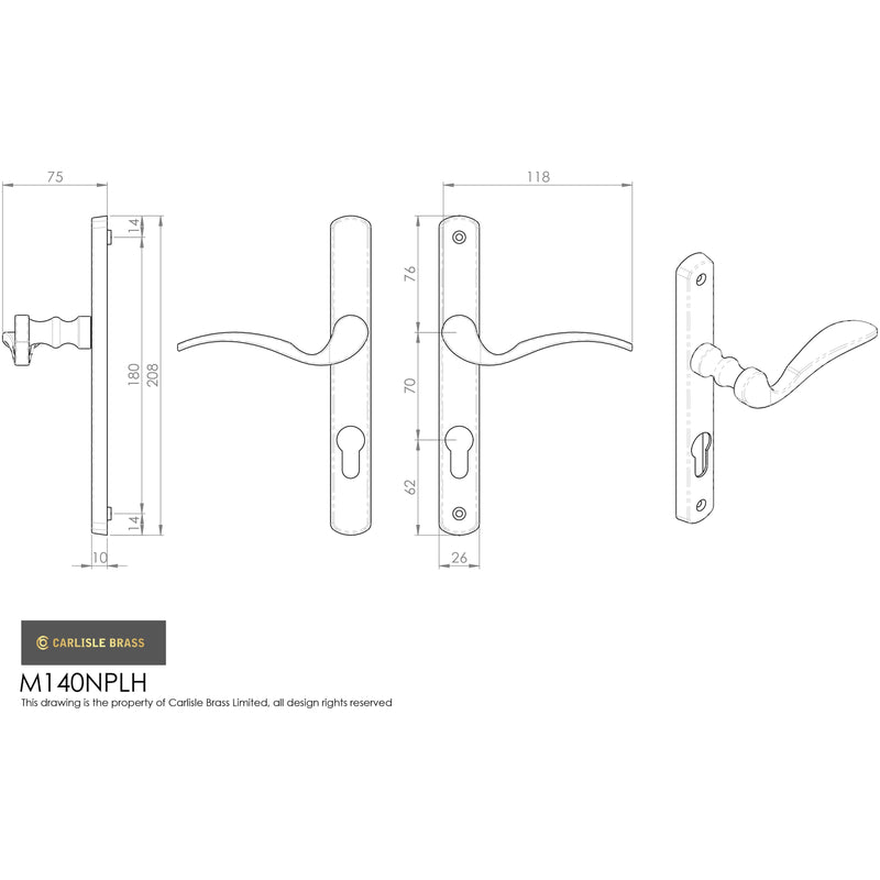 Carlisle Brass - Narrow Plate - Scroll Lever Furniture (70mm C/C) - (Left Hand) (On1) - Satin Chrome M140NPLHSC - Choice Handles