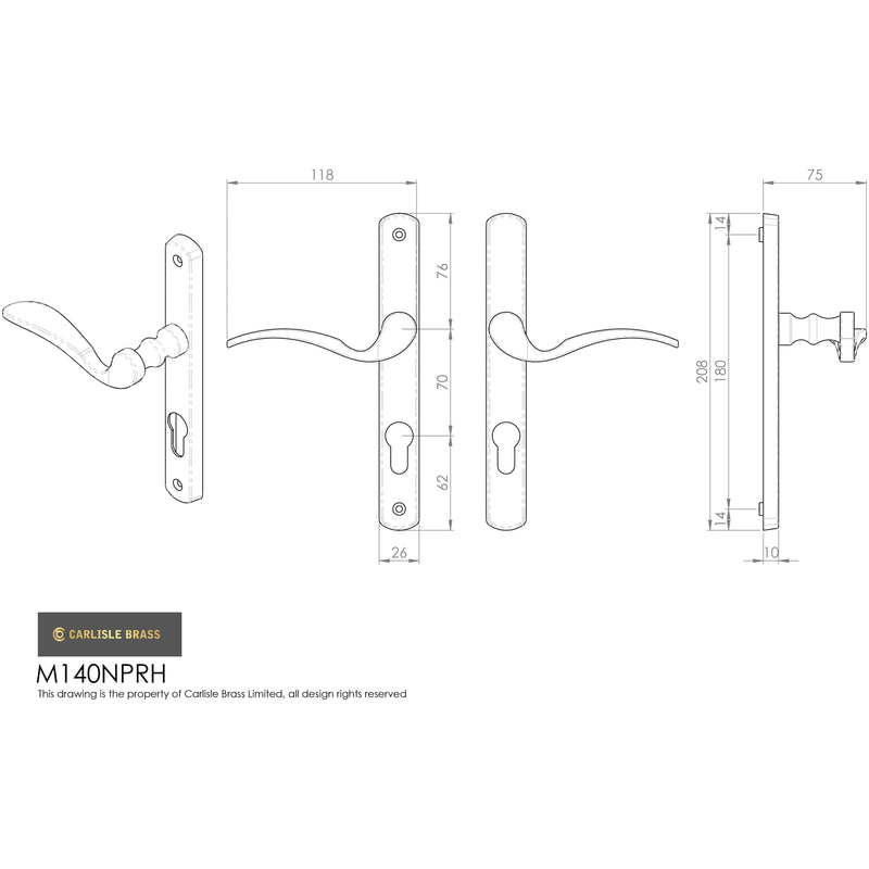 Carlisle Brass - Narrow Plate - Scroll Lever Furniture (70mm C/C) - (Right Hand) - Satin Chrome M140NPRHSC - Choice Handles
