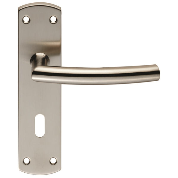 Eurospec - Steelworx Residential Arched Lever on Lock Backplate - Satin Stainless Steel - CSLP1167P/SSS - Choice Handles