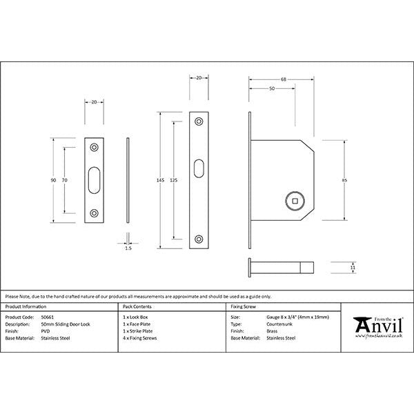 From The Anvil - 50mm Sliding Door Lock - PVD Brass - 50661 - Choice Handles