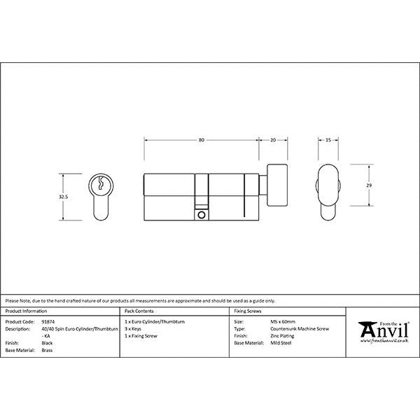 From The Anvil - 40/40 6pin Euro Cylinder/Thumbturn KA - Black - 91874 - Choice Handles