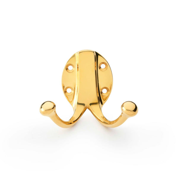 Alexander and Wilks Traditional Double Robe Hook - Unlacquered Brass - AW771UB - Choice Handles