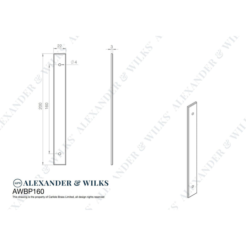 Alexander and Wilks - Rectangular Cabinet Pull Backplate - Polished Nickel-200x22x3mm - 160mm c/c - AWBP160PN - Choice Handles