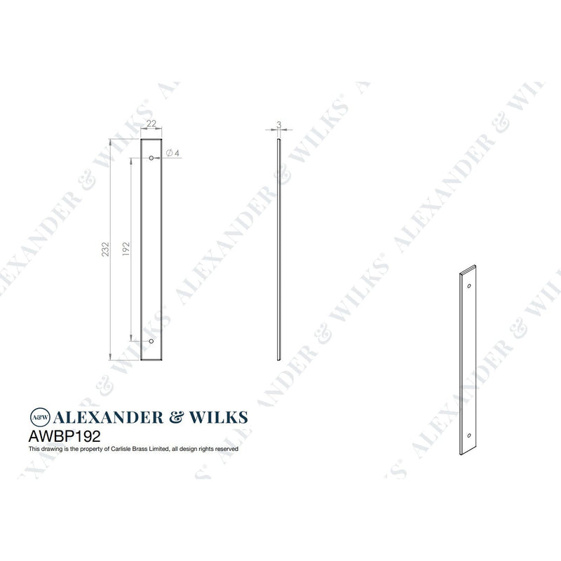 Alexander and Wilks - Rectangular Cabinet Pull Backplate - Polished Nickel-232x22x3mm - 192mm c/c - AWBP192PN - Choice Handles