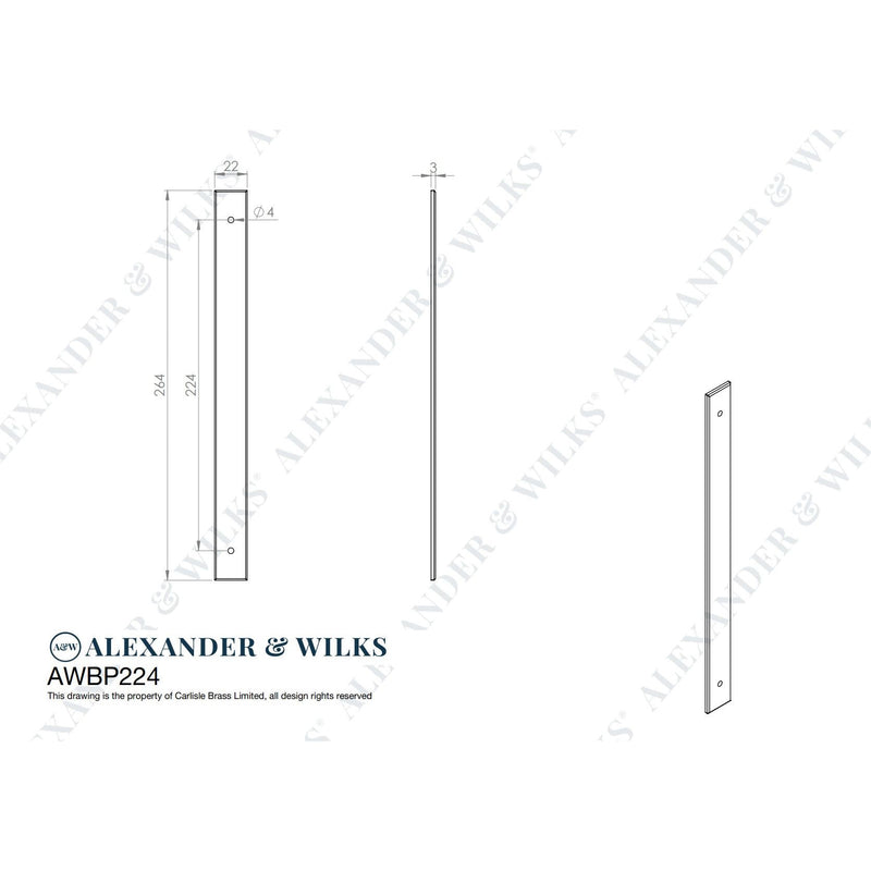 Alexander and Wilks - Rectangular Cabinet Pull Backplate - Dark Bronze PVD-264x22x3mm - 224mm c/c - AWBP224DBZPVD - Choice Handles