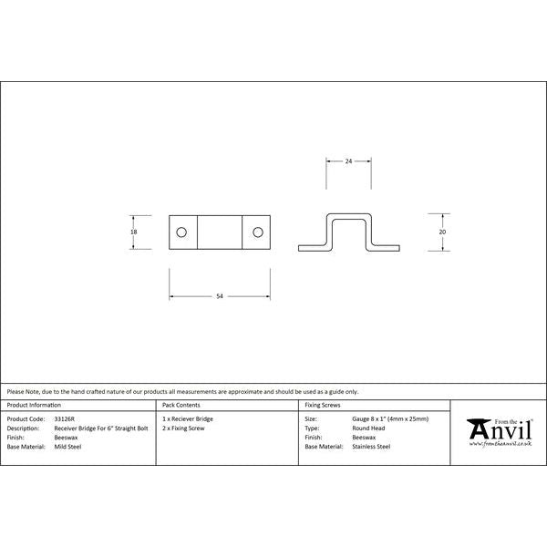 From The Anvil - Receiver Bridge for 6" Straight Door Bolt - Beeswax - 33126R - Choice Handles