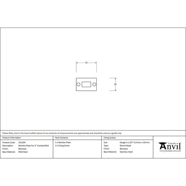 From The Anvil - Mortice Plate for 4" Cranked Door Bolt - Beeswax - 33129R - Choice Handles