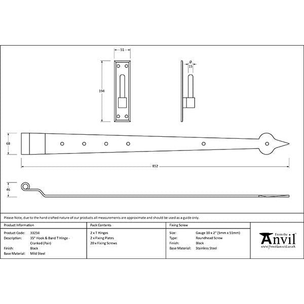 From The Anvil - Black 35" Hook & Band Hinge - Cranked (pair) - 33234 - Choice Handles