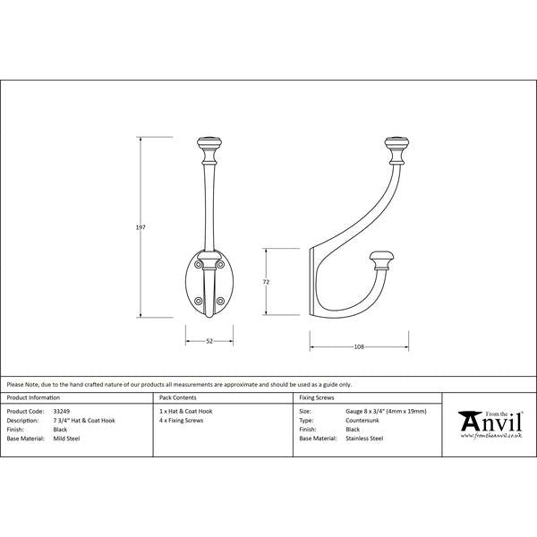 From The Anvil - 7 3/4" Hat & Coat Hook - Black - 33249 - Choice Handles