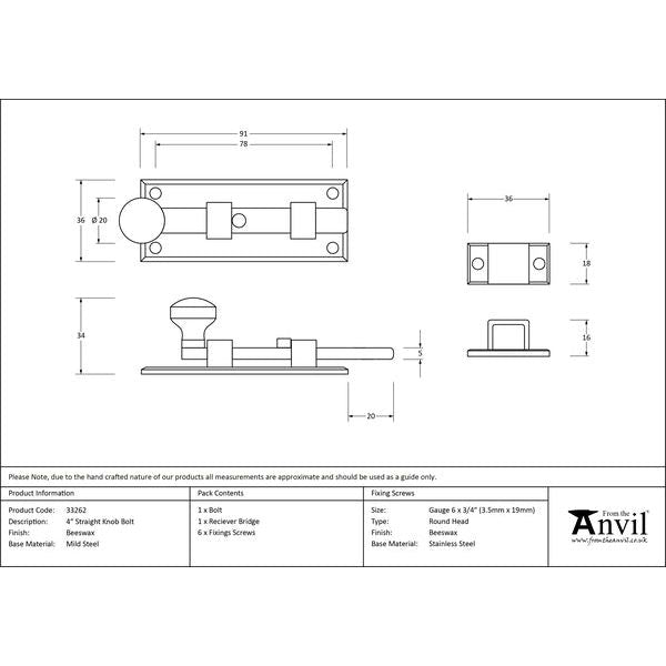 From The Anvil - 4" Straight Knob Bolt - Beeswax - 33262 - Choice Handles