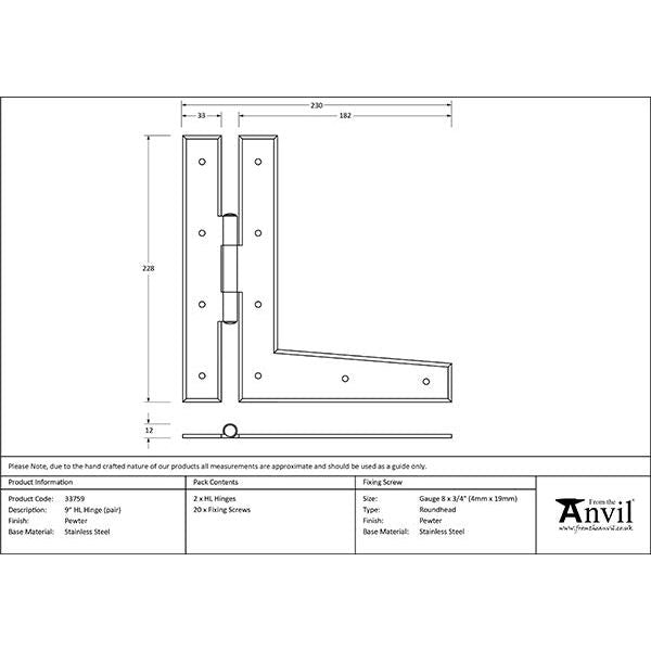 From The Anvil - Pewter 9" HL Hinge (pair) - 33759