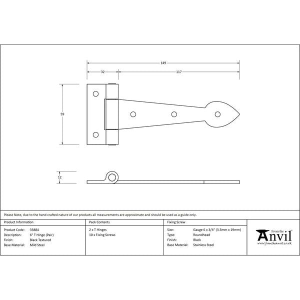 From The Anvil - 6" Cast T Hinge (pair) - Black - 33884 - Choice Handles