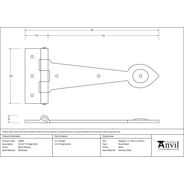 From The Anvil - 10½" Cast T Hinge (pair) - Black - 33885 - Choice Handles