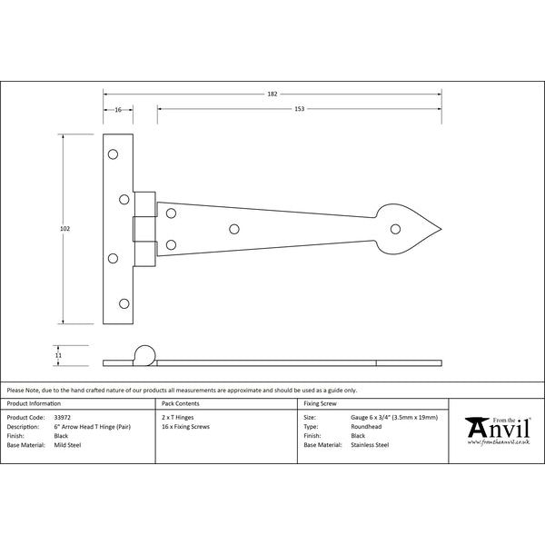From The Anvil - 6" Arrow Head T Hinge (pair) - Black - 33972 - Choice Handles