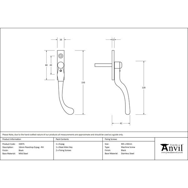 From The Anvil - 16mm Peardrop Espag - RH - Black - 33975