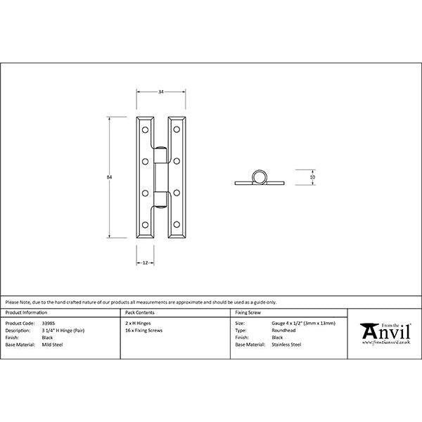 From The Anvil - Black 3¼" H Hinge (pair) - 33985