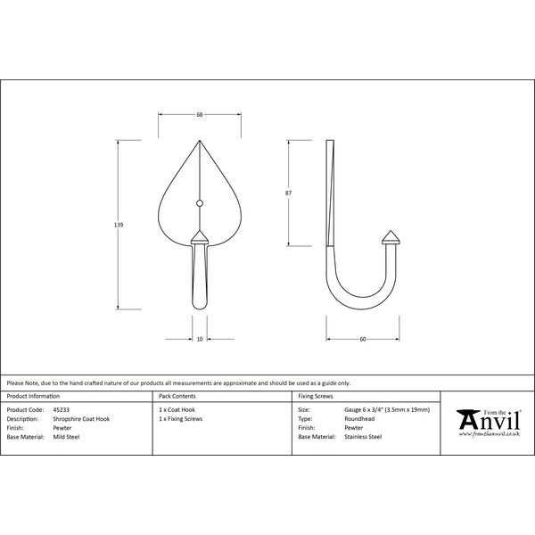 From The Anvil - Shropshire Coat Hook - Pewter Patina - 45233 - Choice Handles
