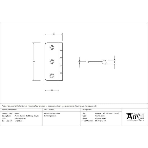 From The Anvil - 3" Dummy Butt Hinge (Single) - Polished Nickel - 45440 - Choice Handles
