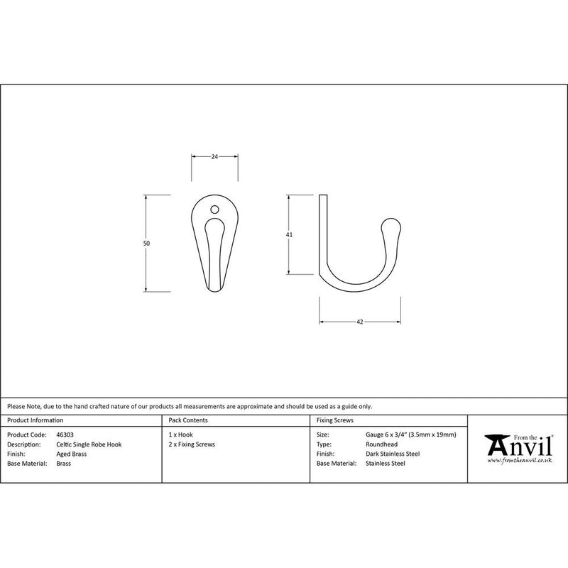 From The Anvil - Celtic Single Robe Hook - Aged Brass - 46303 - Choice Handles