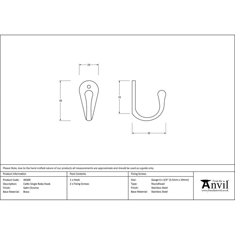 From The Anvil - Celtic Single Robe Hook - Satin Chrome - 46309 - Choice Handles