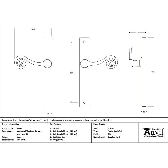 From The Anvil - Black Monkeytail Slimline Lever Espag. Latch Set - LH - Black  - 46397L - Choice Handles