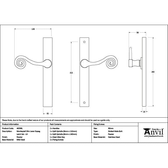 From The Anvil - Pewter Monkeytail Slimline Lever Espag. Latch Set - LH - Pewter Patina  - 46398L - Choice Handles
