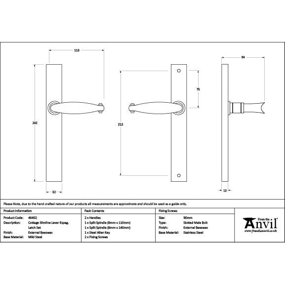 From The Anvil - External Beeswax Cottage Slimline Lever Espag. Latch Set - 46402