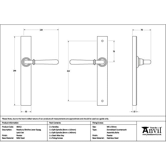 From The Anvil - Pewter Newbury Slimline Lever Espag. Latch Set - 46412 - Choice Handles