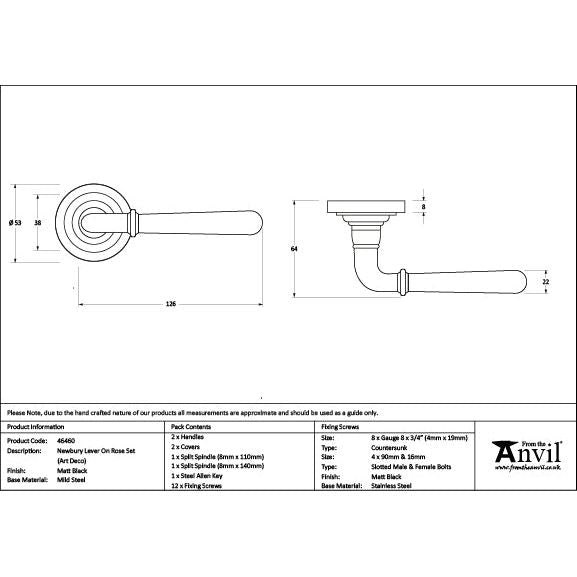 From The Anvil - Matt Black Newbury Lever on Rose Set (Art Deco) - 46460 - Choice Handles