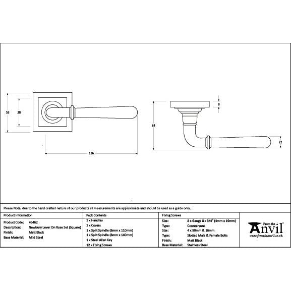 From The Anvil - Matt Black Newbury Lever on Rose Set (Square) - 46462 - Choice Handles