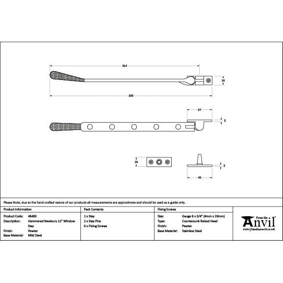 From The Anvil - Pewter 12" Hammered Newbury Stay - 46483 - Choice Handles