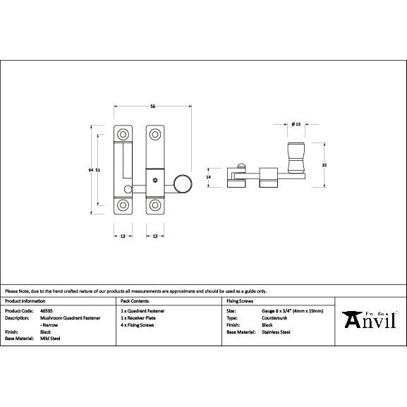 From The Anvil - Black Mushroom Quadrant Fastener - Narrow - 46595 - Choice Handles