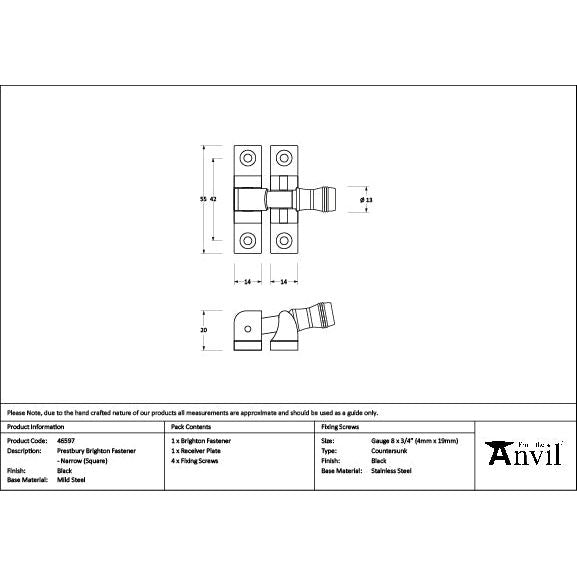 From The Anvil - Black Prestbury Brighton Fastener - Narrow (Square) - 46597 - Choice Handles