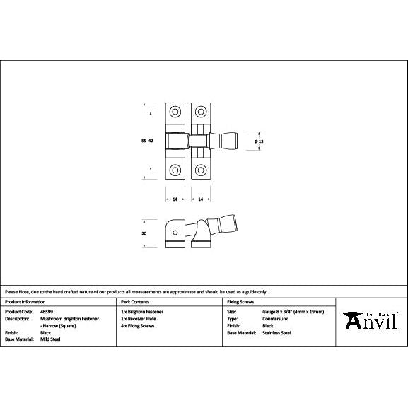 From The Anvil - Black Mushroom Brighton Fastener - Narrow (Square) - 46599