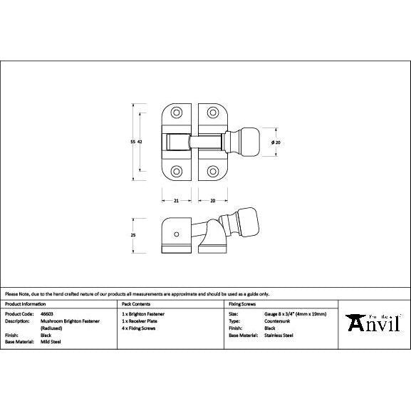 From The Anvil - Black Mushroom Brighton Fastener (Radiused) - 46603 - Choice Handles