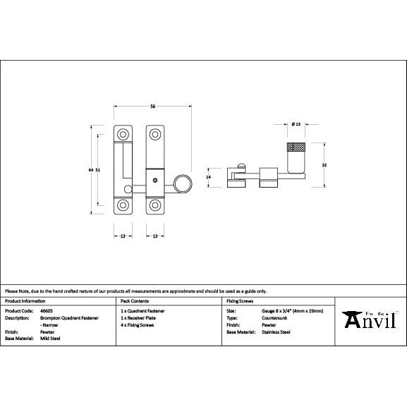 From The Anvil - Pewter Brompton Quadrant Fastener - Narrow - 46605 - Choice Handles
