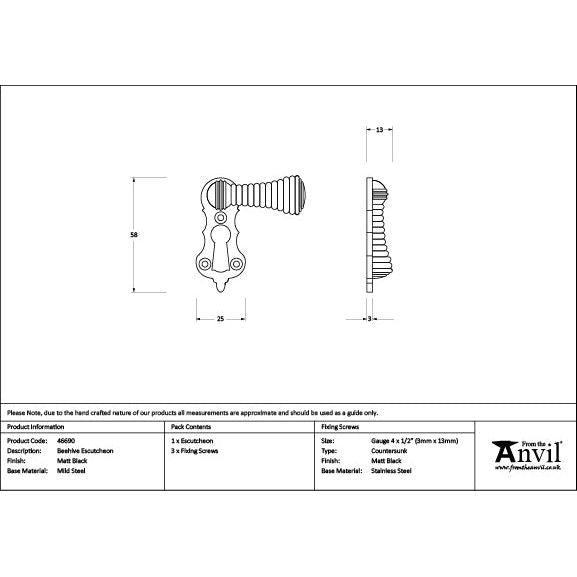 From The Anvil - Matt Black Beehive Escutcheon - 46690 - Choice Handles