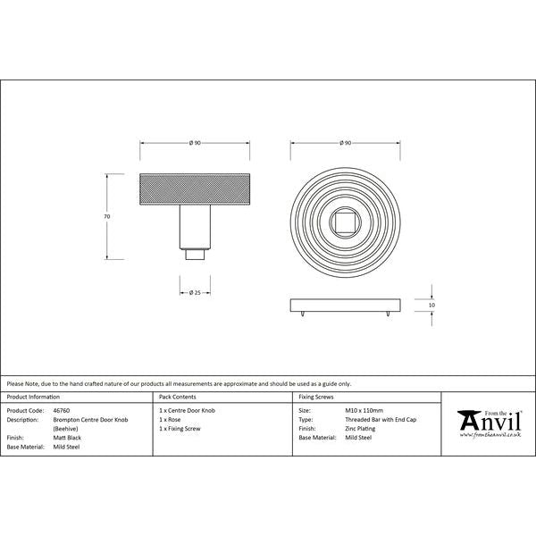 From The Anvil - Matt Black Brompton Centre Door Knob (Beehive) - 46760