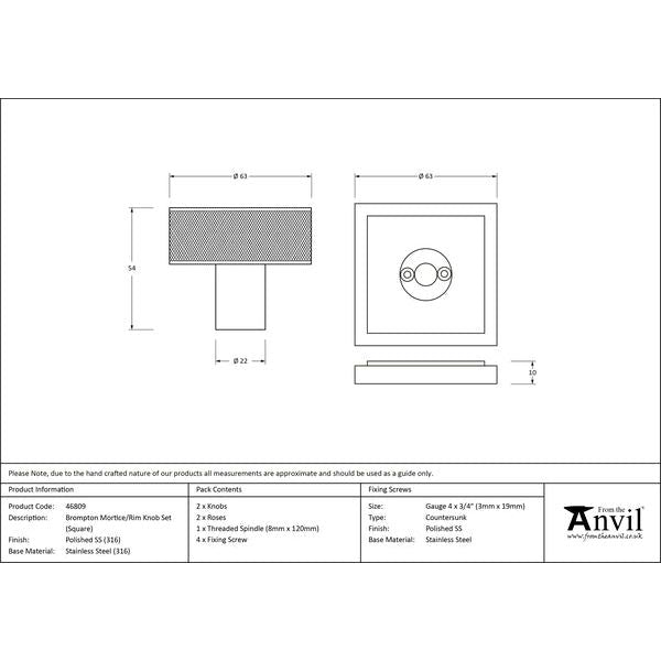 From The Anvil - Polished Marine SS (316) Brompton Mortice/Rim Knob Set (Square) - Polished Marine SS (316)  - 46809