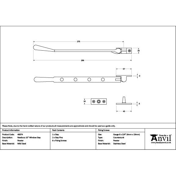 From The Anvil - Pewter 10" Newbury Stay - Pewter Patina  - 46874 - Choice Handles