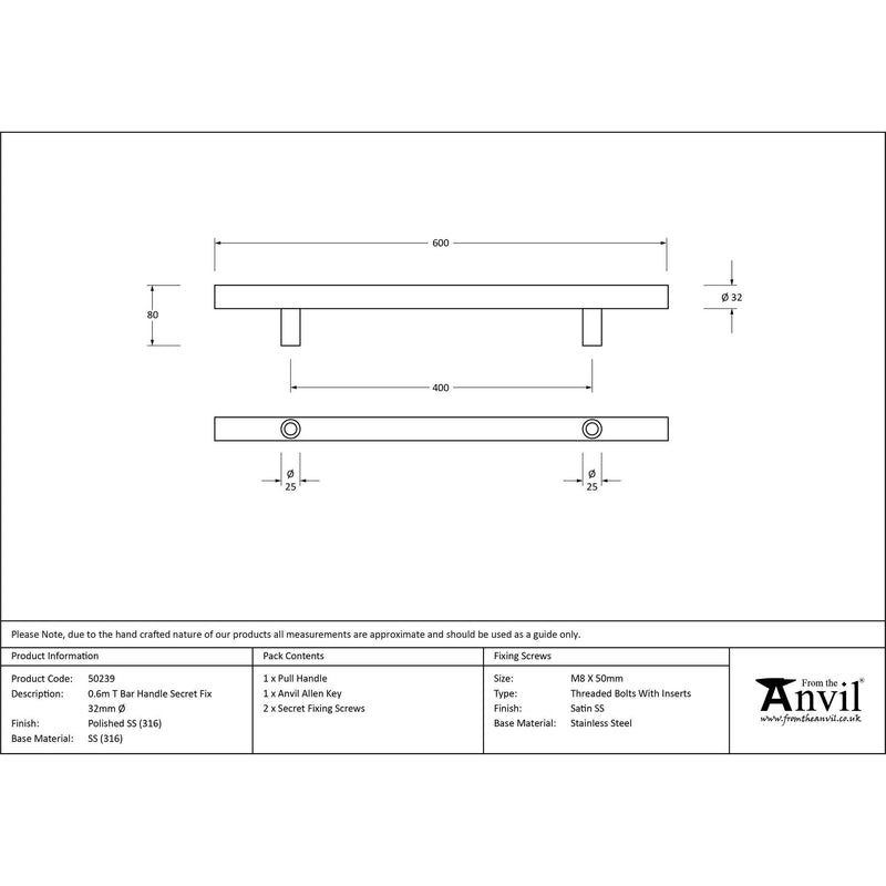 From The Anvil - 0.6m T Bar Handle Secret Fix 32mm Diameter - Polished Marine SS (316) - 50239 - Choice Handles