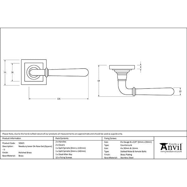 From The Anvil - Polished Brass Newbury Lever on Rose Set (Square) - Unsprung - Polished Brass  - 50625