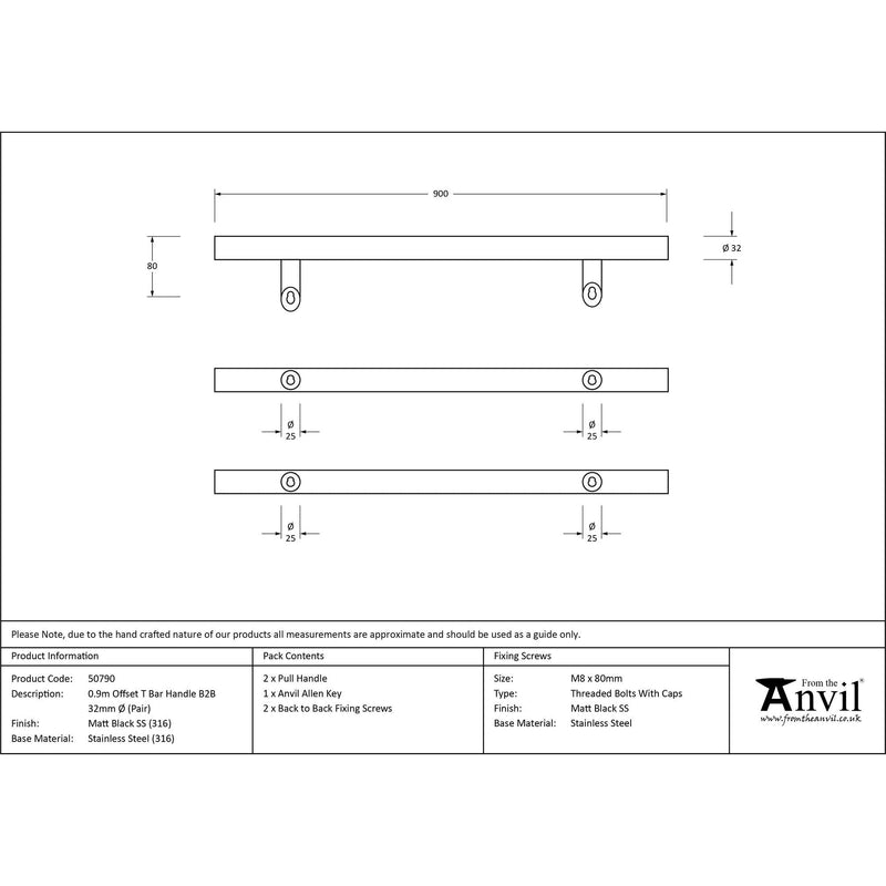 From The Anvil - 0.9m Offset T Bar Handle B2B 32mm Diameter - Matt Black - 50790 - Choice Handles