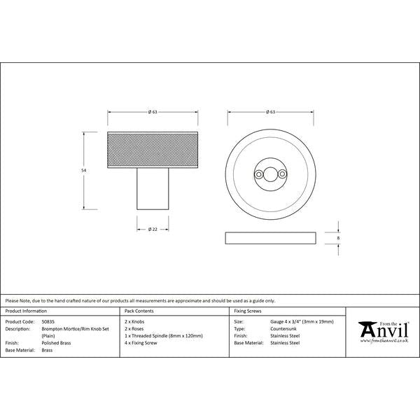 From The Anvil - Polished Brass Brompton Mortice/Rim Knob Set (Plain) - Polished Brass  - 50835