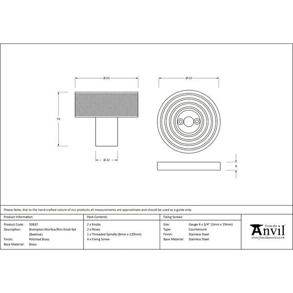 From The Anvil - Polished Brass Brompton Mortice/Rim Knob Set (Beehive) - Polished Brass  - 50837
