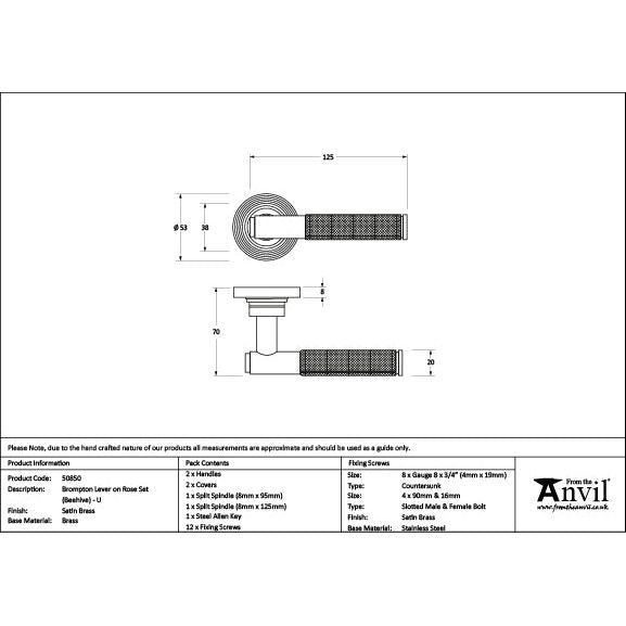From The Anvil - Satin Brass Brompton Lever on Rose Set (Square) - Unsprung - Satin Brass  - 50850