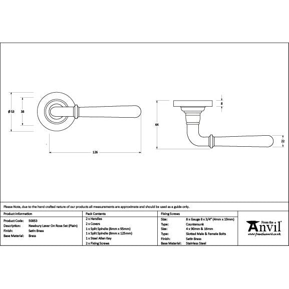 From The Anvil - Satin Brass Newbury Lever on Rose Set (Plain) - Satin Brass  - 50853 - Choice Handles